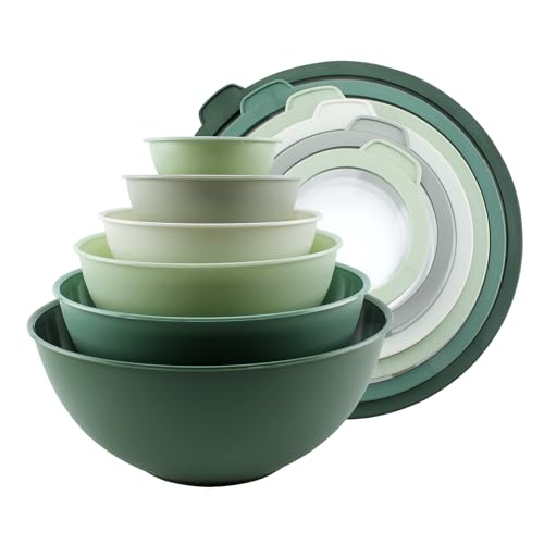 COOK WITH COLOR Mixing Bowls with Lids - 12 Piece Plastic Nesting Bowls Set includes 6 Prep Bowls and 6 Lids, Microwave Safe Mixing Bowl Set, Sage Tritan Lid - color: Sage Tritan Lid