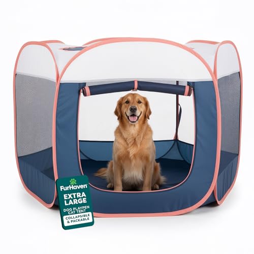 FurHaven Soft-Sided Dog & Cat Playpen, Portable Foldable Indoor & Outdoor Pet Playpen with Mesh Windows & Zippered Door, Navy, Extra Large