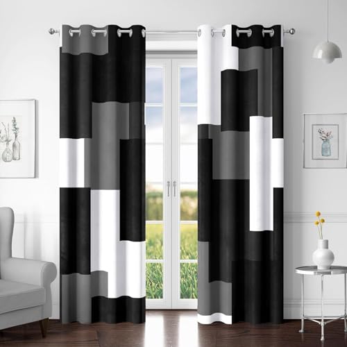 Tyrot Black Grey 100% Blackout Curtains for Bedroom 63 inch Long 2 Panels Set White Gray Modern Abstract Geometric Black Out Curtains Insulated Room Darkening Window Drapes for Living Room, 52Wx63L - color: Grey, size: 52"W x 63"L (Pack of 2)