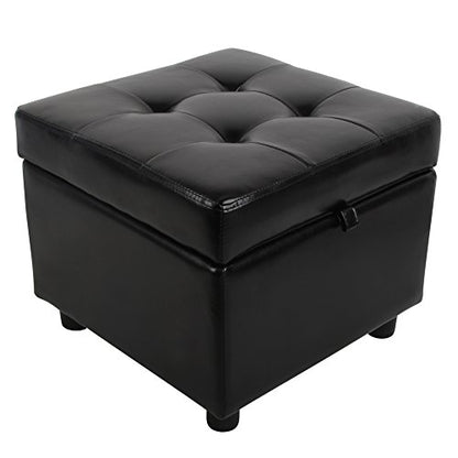 H&B Luxuries Tufted Leather Square Flip Top Storage Ottoman Cube Foot Rest (Black) - color: Black