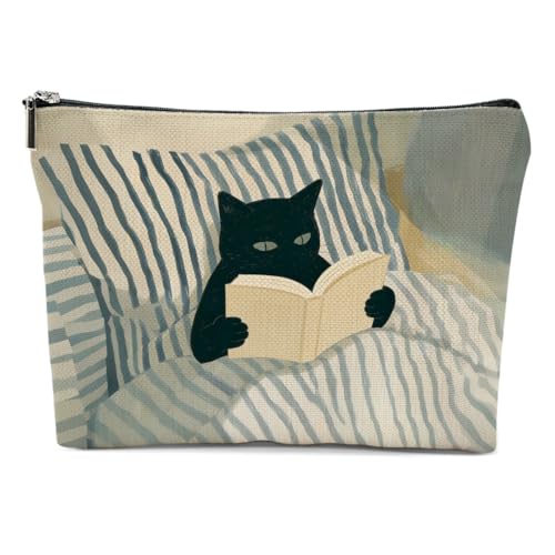 Cute Cat Reading Book Makeup Bag, Striped Bed Cats Cosmetic Bags Portable Travel Toiletry Organizer Bag Makeup Pouch, Sister Birthday Christmas Cute Bookworm Cat Lover Gifts for Women Mom Friend - color: Multicolor 0744
