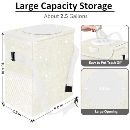 Cute Mini Car Trash Bag with Lid, Glitter Garbage Can Bin Hanging for Back/Front Seat/Console, Waterproof, Leakproof, 2.5 Gallon, Beige Cream Bling Sparkly - color: Beige Cream Bling Sparkly