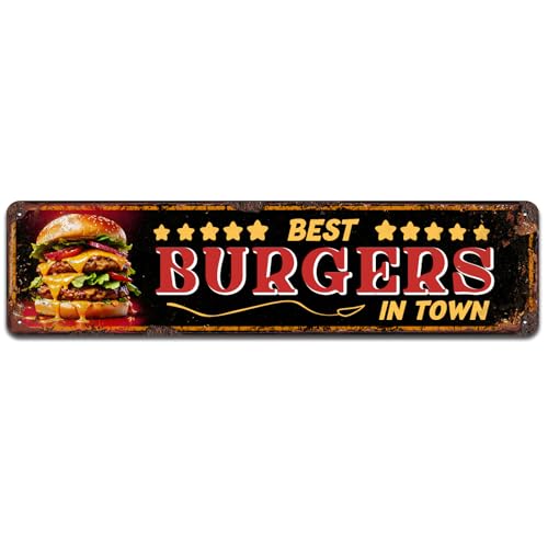 Best Burgers in Town Metal Sign - Large Vintage Diner Sign for Kitchen, Dining Room or Man Cave, 4 x 16 Inch - color: V-114