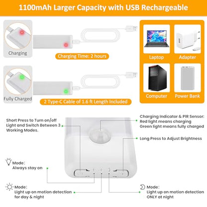 Motion Sensor Under Cabinet Lights, Magnetic Rechargeable Under Counter Closet Light, Wireless Night Light Bar Stick-On, 2-Pack, Warm White - color: Warm White, size: 8 inch