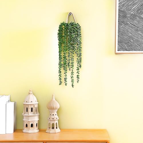 Umigy 2 Pack Wall Hanging Rope Baskets with 4 Pcs Faux Strings of Pearls Plant Jute Hanging Basket with Artificial Succulents for Porch Living Room Bedroom Entryway Patio Outdoor Decoration