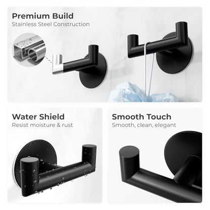GWAAZXGZ 2 Pack Black Bathroom Hooks for Towels - Self Adhesive Double Hooks for Wall, No Drilling, Matte Finish, Strong Hold for Robes, Coats, Shower Use - color: Black