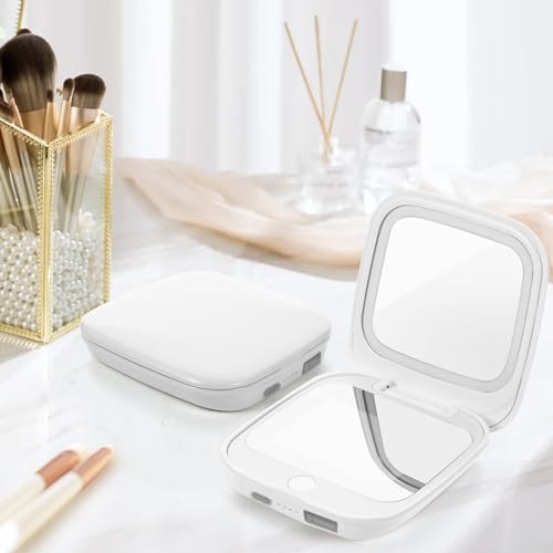 UV Camera Mirror for Sunscreen Test & SPF Detection, 1x/2x Magnifying Travel Mirror with Dimmable LED Lights, Handheld 2-Sided Portable Makeup Mirror for Handbag/Pocket,White