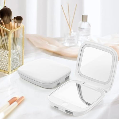 UV Camera Mirror for Sunscreen Test & SPF Detection, 1x/2x Magnifying Travel Mirror with Dimmable LED Lights, Handheld 2-Sided Portable Makeup Mirror for Handbag/Pocket,White