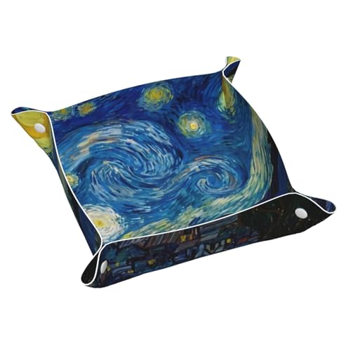 The Van Gogh Leather Vanity Tray Desktop Storage Organizer Decor Catchall Perfume Bathroom Valet Tray Nightstand Caddy Holder for Remote Controller Keys Phone Wallet Coin Jewelry, S - color: The Van Gogh, size: 7.9" x 7.9" x 0.2"