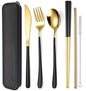 AARAINBOW 6 Pieces 18/8 Stainless Steel Flatware Set Portable Reusable Cutlery Set Travel Utensils Set Including Chopsticks Knife Fork Spoon Straws Cleaning Brush Dishwasher Safe (Black golden) - color: Black golden