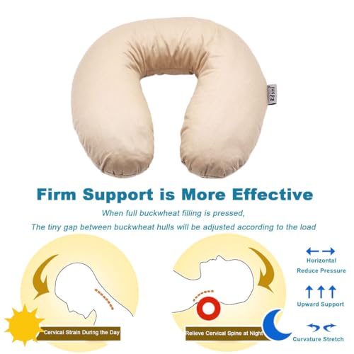 Buckwheat Neck Pillow for Sleeping U Shaped Pillow Cooling Travel Head Support Pillow for Neck Pain Relief Side Sleepers Buckwheat Hulls Concealed Zipper (12x12 inch, Light-tan) - color: Plain-lighttan