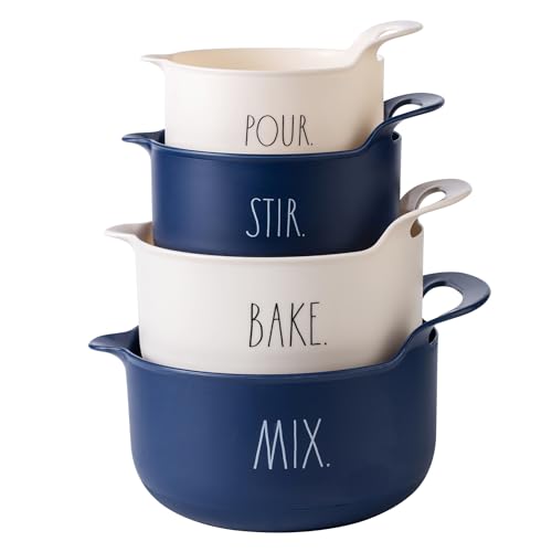 Rae Dunn Non-Slip Mixing Bowls - 4 Piece Nesting Plastic Mixing Bowl Set with Pour Spouts and Handles-Measurement Markings (Cream) - color: Cream