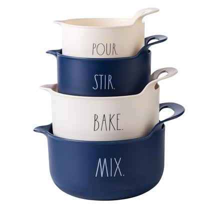 Rae Dunn Non-Slip Mixing Bowls - 4 Piece Nesting Plastic Mixing Bowl Set with Pour Spouts and Handles-Measurement Markings (Cream) - color: Cream