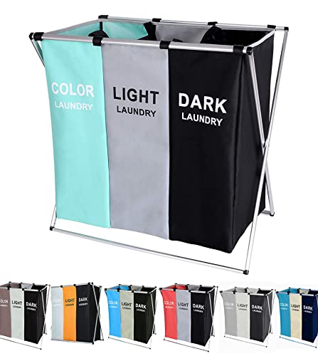 135L Laundry Cloth Hamper Sorter Basket Bin Foldable 3 Sections with Aluminum Frame 26''×24''H Washing Storage Dirty Clothes Bag for Bathroom Bedroom Home Storage basket (3 Liner, Green+grey+black) - color: Green+grey+black