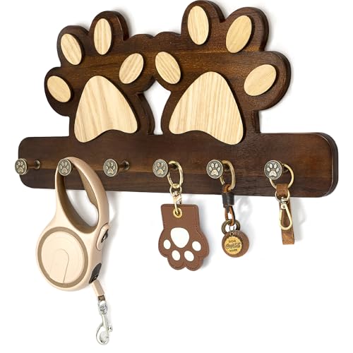 MTERSN Dog Leash Holder for Wall – Fun Dog Paw Key Holder Wall Mount with Floating Shelf and 6 Hooks Unique 3D Pet Claw Hooks - Farmhouse Home Decor for Entryway & Apartment (Dark Acacia) - color: Dark Acacia