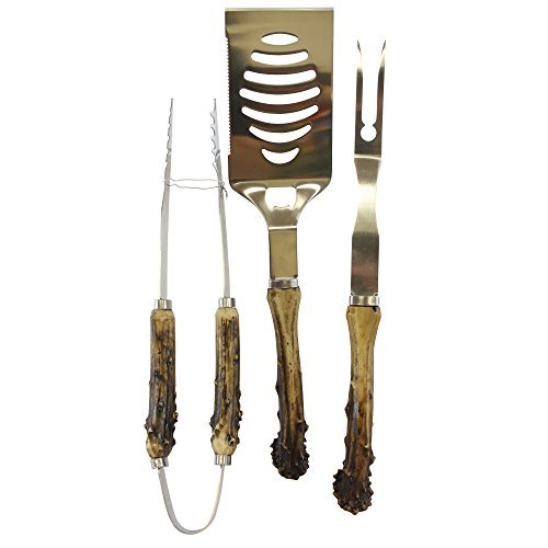 Pine Ridge Antler Handle Grilling Set for BBQ Outdoors Style Cooking and Grill, 3 Piece