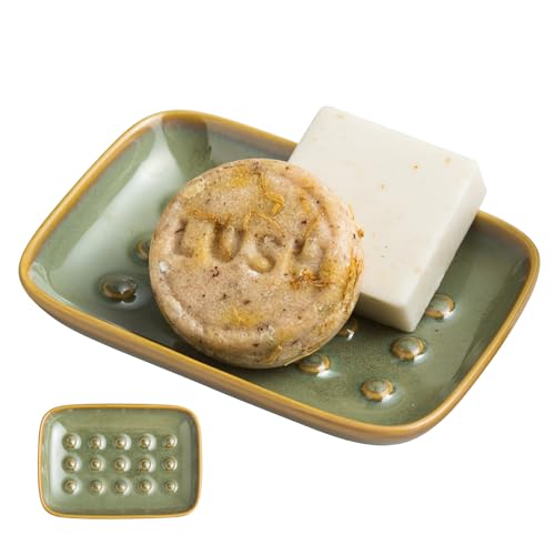 Soap Dish for Shower, Ceramic Soap Dish for Large Soap Bars, Non-Slip Soap Holder & Saver Tray with Floating Point Design for Bathroom, Shower, Kitchen Sink, Save Soap Loss - color: Green, size: Floating Point Design