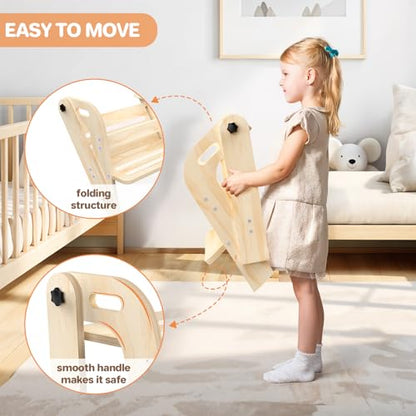 Wooden Toddler Step Stool, Foldable 2-Step Stool for Kids Bathroom Sink, Toilet Potty Training with Handles, Anti-Slip for Kitchen, Nursery, Bedroom(16.9 Wide)