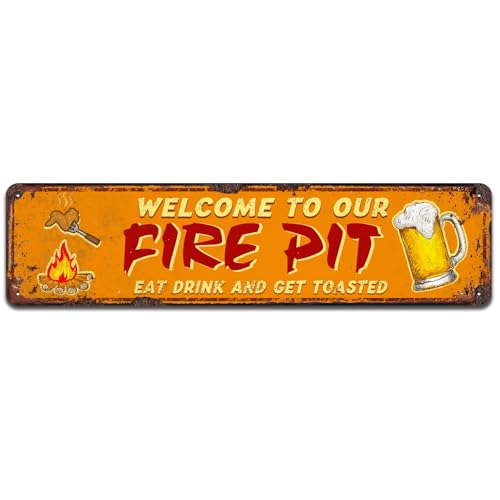 Funny Camping Signs, Welcome to our Fire Pit Eat Drink and Get Toasted, Novelty Tin Camper Decor, Metal Signs 4x16 Inches - color: V-102