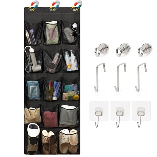 Over The Door Cruise Ship Organizer - Cruise Ship Magnetic Door Organizer with 15 Size-Graded Pockets, Hanging Magnetic Cruise Storage Shoe Rack for Cabin, 2026 Cruise Essential, 9 Hooks(Black) - color: Black, size: 15 Grid