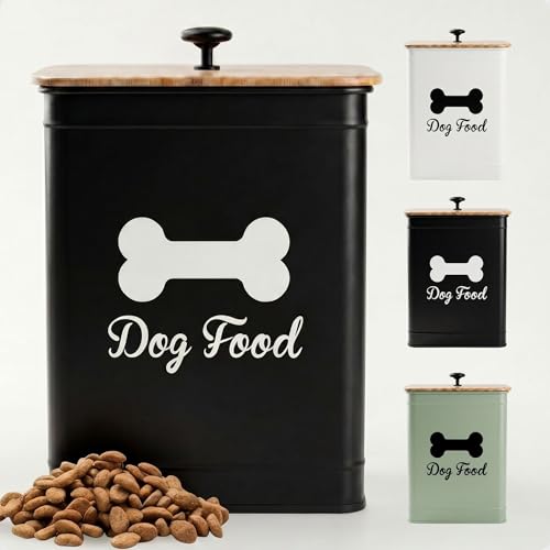 Dog Food Container Airtight 5-7 lb (25 Cup) Capacity - Cute Airtight Dog Food Storage Container with Bamboo Lid & Sturdy Metal Handle - Black Metal Kibble Storage Bin for Dogs up to 50 lbs - Pet Jar - color: Black