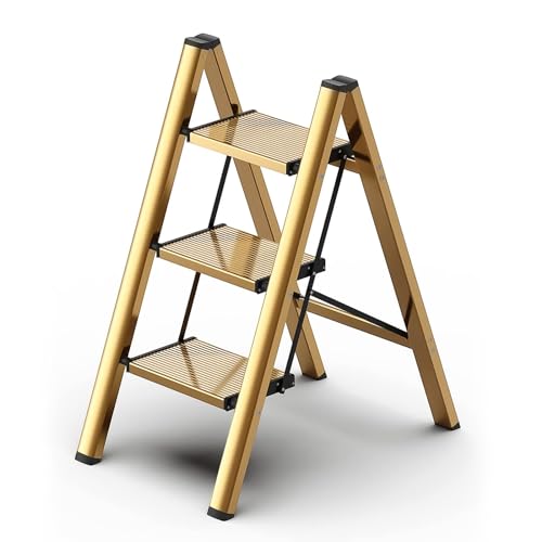 hismocal Foldable 3 Step Stool Ladder for Closet/Kitchen - Aluminium Gold Step Ladder, 330lbs Lightweight with Anti-Slip Wide Pedal, Portable for Kids/Adults - color: Golden, size: 3 Step