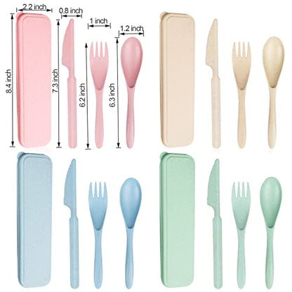 Reusable Travel Utensils Set with Case, 4 Sets Wheat Straw Portable Knife Fork Spoons Tableware, Eco-Friendly BPA Free Cutlery for Kids Adults Picnic Camping Utensils(Green, Beige, Pink, Blue) - color: 4 Sets - Green, Beige, Pink, Blue