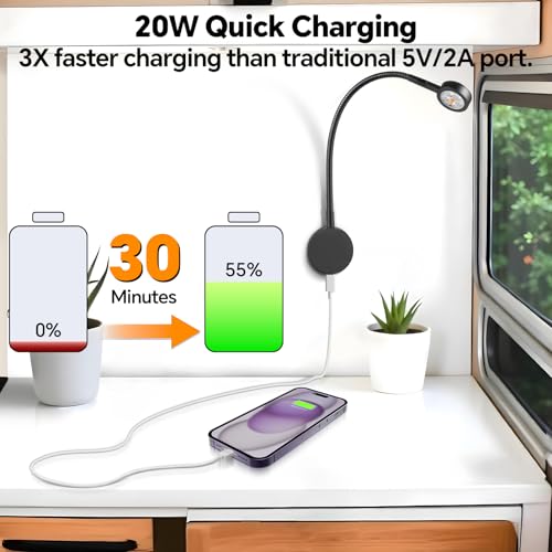 Dimmable RV Reading Light, Aluminum 12V LED Reading Light with USB-C Charger, Red Nightlight & Flexible Gooseneck & Convenient Head Switch, Designed for Camper Van Boat DC12-24V (Black)