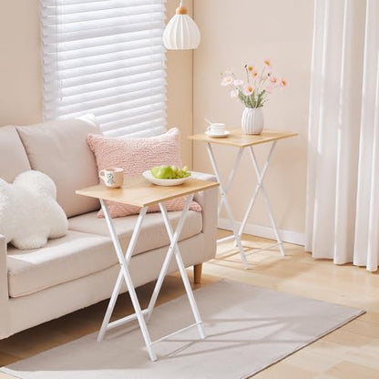 HOOBRO Folding TV Tray Tables, Set of 4 TV Trays with Storage Rack, Industrial Side Table for Eating at Couch, Foldable Snack Table for Small Space, Easy Assembly, Natural and White, WN50BZ01 - color: Natural + White
