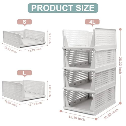 Goderewild Stackable Foldable Storage Baskets, Folding Storage Bins, Closet Organizers and Plastic Drawer Shelf Storage Container for Wardrobe, Cupboard, Kitchen, Bathroom, Office (White, 4L) - size: 4L