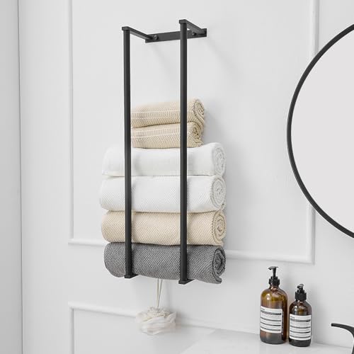 BWE Matte Black Towel Racks for Bathroom, 28" Stainless Steel Bathroom Towel Holder for Rolled Towels, Wall Mounted Towel Storage for Bathroom with 2 Hooks, 6 Large Bath Towels Capacity - color: Matte Black, size: 28.5 inch