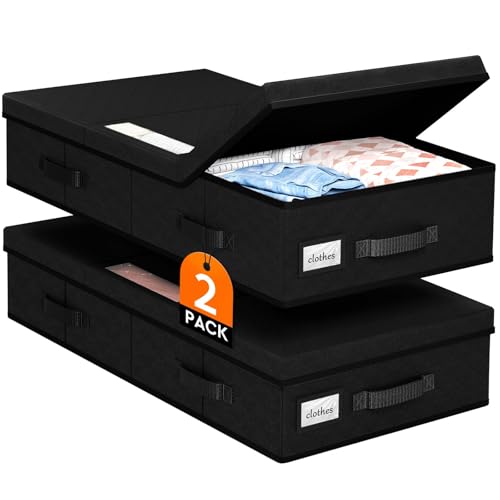 StoreHappily Under Bed Storage Containers with Lids - 2 Pack, Foldable and Stackable Clothes Storage Bags with Clear Window, 3-Sided Handles and Label Slot for Clothing, Blankets, Pillows (Black) - color: Black, size: 2 Pack