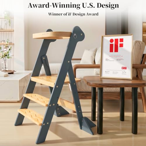 COSYLAND Foldi Foldable Toddler Kitchen Stool - Adjustable Height Toddler Standing Tower with Net & Safety Feet, IF Award-Winning Wooden Learning Step Tower for 18M-6Y, Slate Blue & Natural - color: Slate Blue & Natural