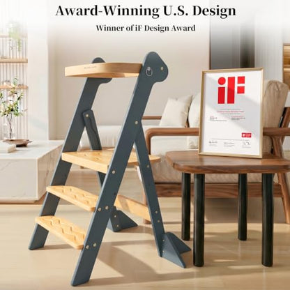 COSYLAND Foldi Foldable Toddler Kitchen Stool - Adjustable Height Toddler Standing Tower with Net & Safety Feet, IF Award-Winning Wooden Learning Step Tower for 18M-6Y, Slate Blue & Natural - color: Slate Blue & Natural
