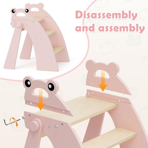Wooden 3 Step Stool for Kids Bathroom Sink Foldable Anti-Slip, Child Stepping Stool for Kitchen Nursery Bedroom, Sturdy Non Slip Adult Stool for Closet - color: Pink Frog