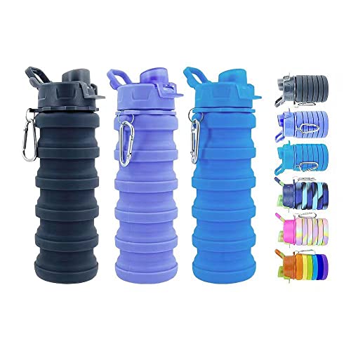 Collapsible Water Bottles 3 Pack Silicone Water Bottle with Carabiner BPA Free Expandable Water Bottle 500ml Portable Sport Water Bottle for Travel Camping. (Black+Purple+Blue) - color: Black+Purple+Blue