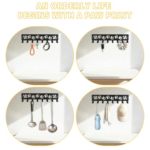 Lyreh Keychain Wall Mount, Metal Wall Mount Hanger Rack with 8 Hooks Dog Paw & Bones Design Animal Leather Belt Rack for Entrance Corridor Kitchen Decoration - style: Paw prints