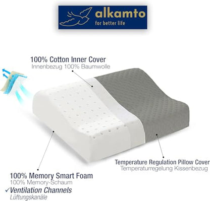 alkamto Travel & Camping Comfortable Memory Foam Pillow – Easy to Carry Portable Bag – Temperature Regulating Pillow Case (Grey Contour) - size: Grey Contour Travel