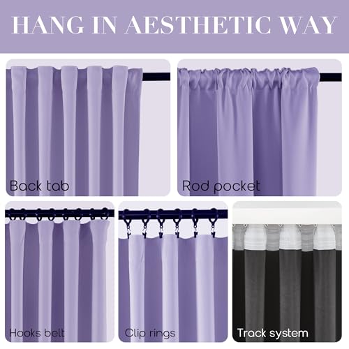 SHINELAND Lavender Blackout Boho Curtains 72 Inches Long for Bedroom Living Room,Back Tab Light Heat Blocking Thermal Insulated Room Darkening Black Out Curtains - color: Lavender, size: 52"W x 72"L (Pack of 2)