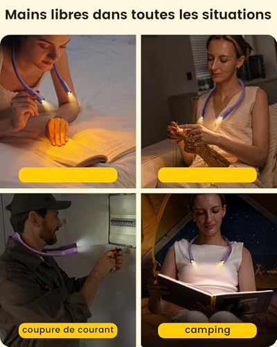 Glocusent Lightweight Neck Light,1200mAh Rechargeable Book Light for Reading in Bed, Eye-Caring with 5 Colors & 5 Brightness Adjustable, Neck Reading Light for Book Lovers - color: Purple