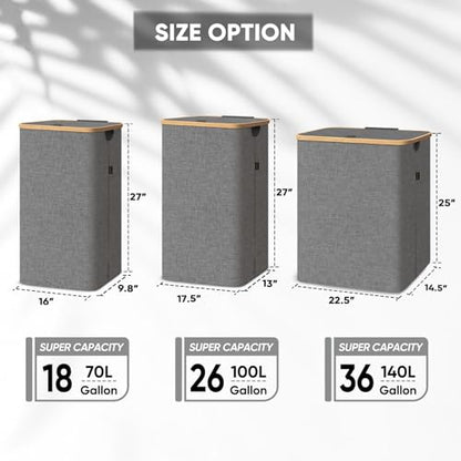 BALEINE Laundry Hamper with Lid, Tall Laundry Baskets with Bamboo Pull Handles, Large Laundry Bin with Internal Support (18 Gal/70L, Grey) - color: Grey, size: 70 liters