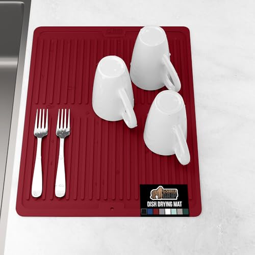 GORILLA GRIP 100% BPA-Free Patented Silicone Dish Drying Mat for Kitchen Counter, Water Catching Ribbed Design, Easy Clean Waterproof Sink Liner, Heat Resistant, Fits Under Rack, 12x16 Inch, Red - color: Red, size: 16" X 12", style: Silicone
