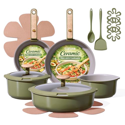 CAROTE 18 Pcs Ceramic Cookware Set Detachable Handle, Non Toxic Pots and Pans Set Non Stick, Induction Kitchen Cookware Removable Handles, Oven Safe, Stackable RV/Camping Cooking Set, Green - color: Green