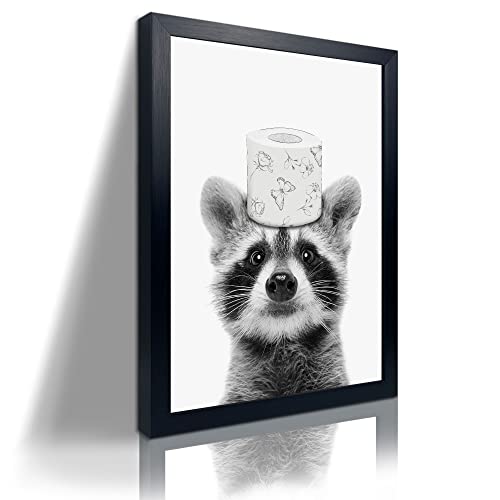 Funny Raccoon Framed Wall Art in Toilet,Black and White Toilet Paper Raccoon Canvas Wall Art Prints Farmhouse Bathroom Decor,Humor Animals Bathroom Painting Canvas Rustic Style Artwork(12"x16", - color: Black and White Raccoon, size: 16"L x 12"W