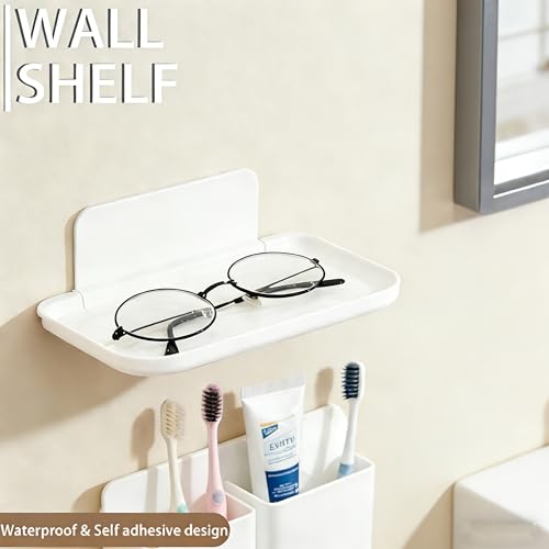 2 Pcs Small Shelf for Wall, Foldable Bedside Shelf & Small Wall Shelves No Drill Adhesive Folding Shelf, Stick-on Floating Wall Rack Organizer Tray for Bedroom Bathroom Kitchen Entryway, White