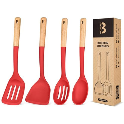 Silicone Cooking Utensils Set, Perfectly Angled for Frying, Mixing,Serving,Draining,Turning and Stirring, BPA-Free Matte Silicone, Wood Handles, Safe for Nonstick Cooking Surfaces,4 Pack (Red) - color: Red