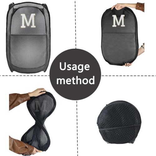Collapsible Pop Up Laundry Hamper, Extra Large with Removable Initial Letter M, Mesh Foldable Laundry Basket, 28" x 16" x 16" (Black) - color: 1P BlackM