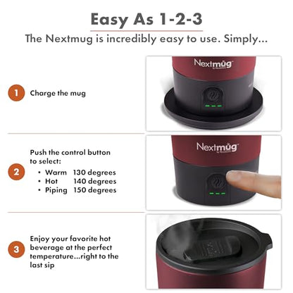Nextmug Go - Temperature-Controlled, Self-Heating Travel Mug (Burgundy - 16 oz.) - color: Burgundy