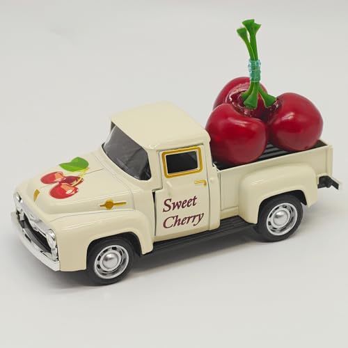 Cherry Decor – 4.9″Sweet Cherry Vintage Metal Truck with 3 Fake Cherries for Themed Party Decorations, Home Kitchen Centerpieces for Tables, Farmhouse Pickup Truck Tiered Tray Decor Gifts(White) - color: Cherry-white