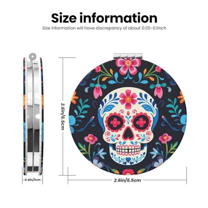 Mexican Sugar Skull and Flowers Print Foldable Travel Pocket Mirror Round PU Leather Portable Mini Makeup Double Sided Handheld Magnifying,2.6 in - color: Mexican Sugar Skull and Flowers